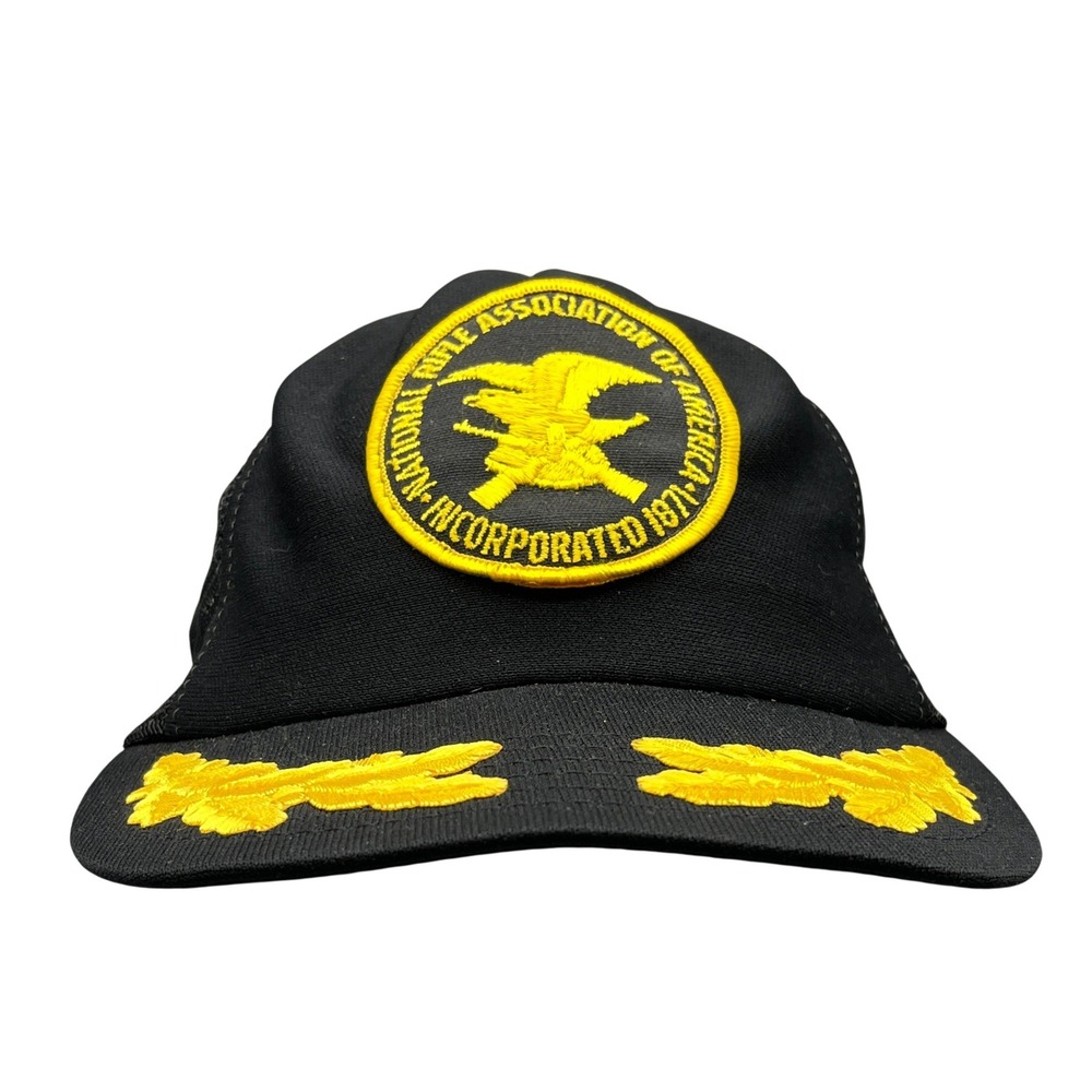 Vintage 80s NRA Trucker Hat Mens OSFM Black Mesh Snapback Gold Leaf Made USA